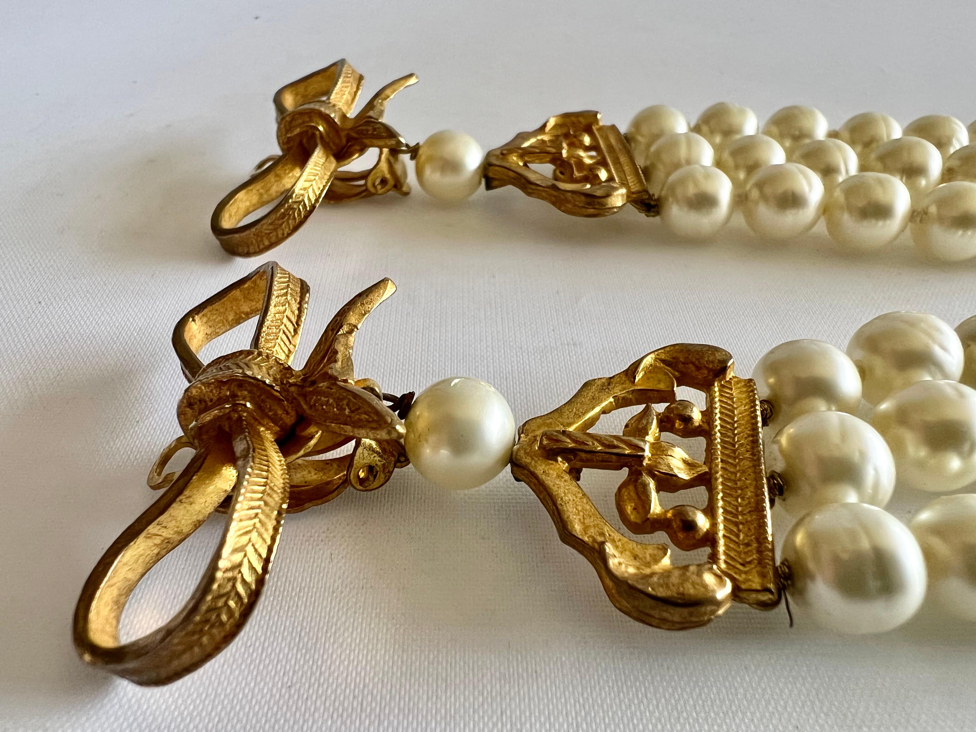 Women's Chanel Vintage 1970s Gold Bow Pearl Chandelier Earrings  For Sale