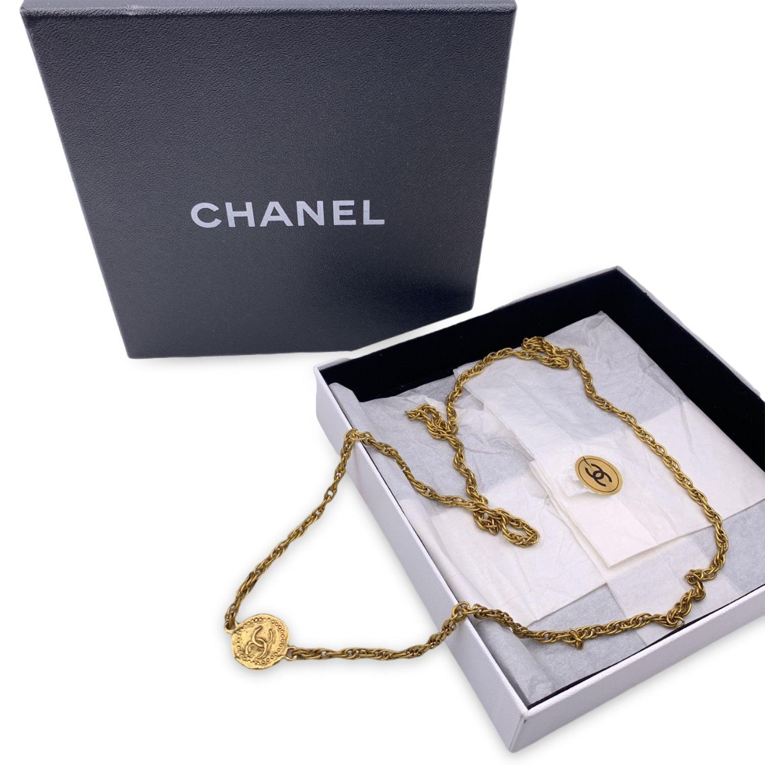 Chanel Vintage 1970s Gold Metal Long Medallion Coin Necklace For Sale 2