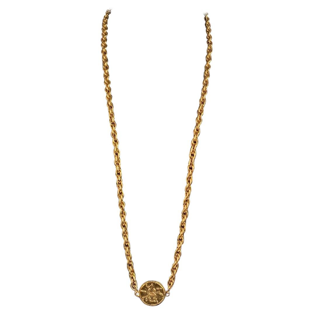 Chanel Vintage 1970s Gold Metal Long Medallion Necklace