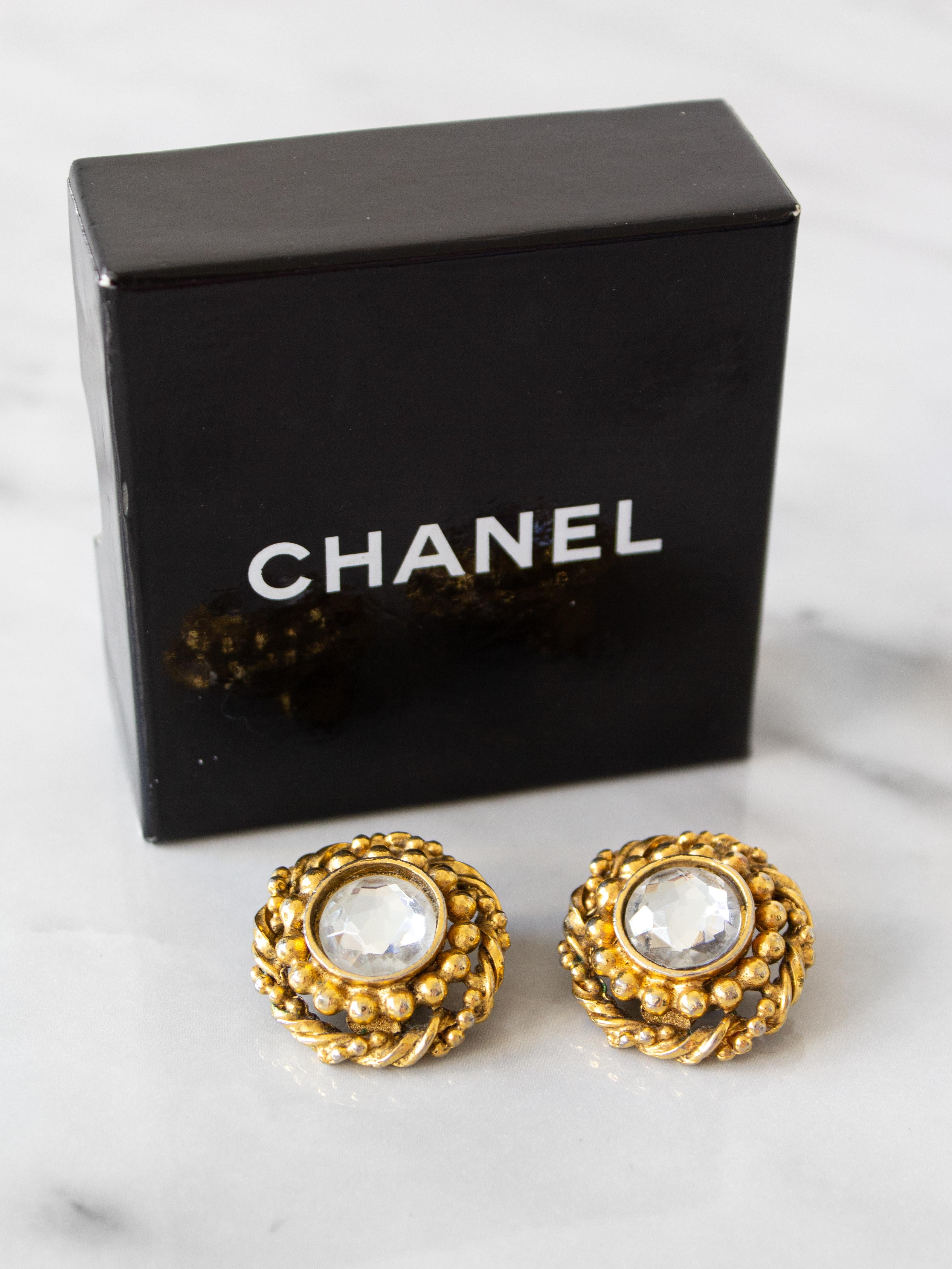 Chanel Vintage 1970s Gold-Plated Crystal Rhinestone Rope Bead Clip-On Earrings 10