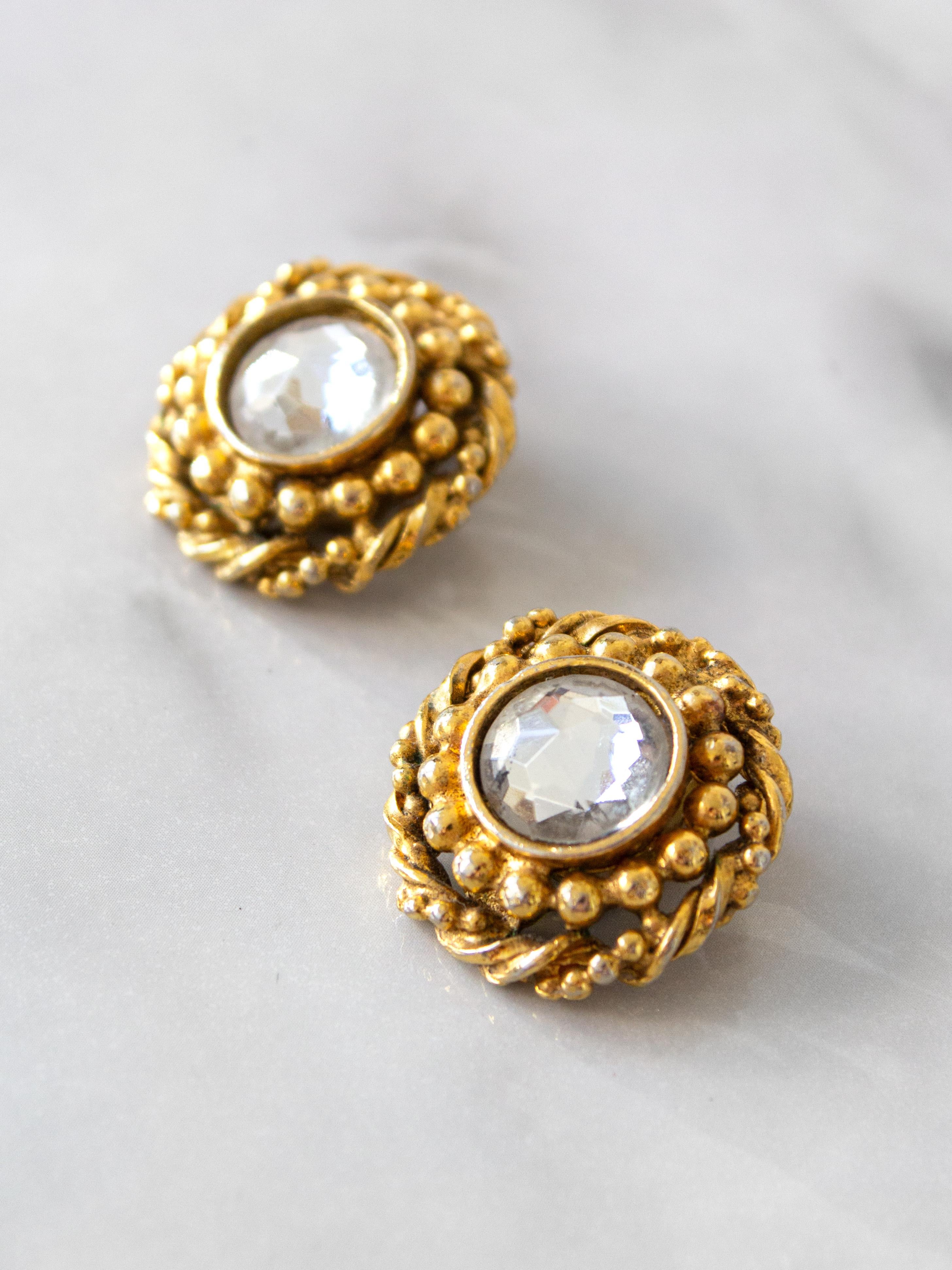 Chanel Vintage 1970s Gold-Plated Crystal Rhinestone Rope Bead Clip-On Earrings 1