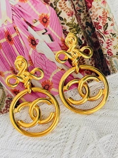 Chanel Vintage 1970s Large Logo Circle Coco CC Cross Knot Hoop Drop Earrings