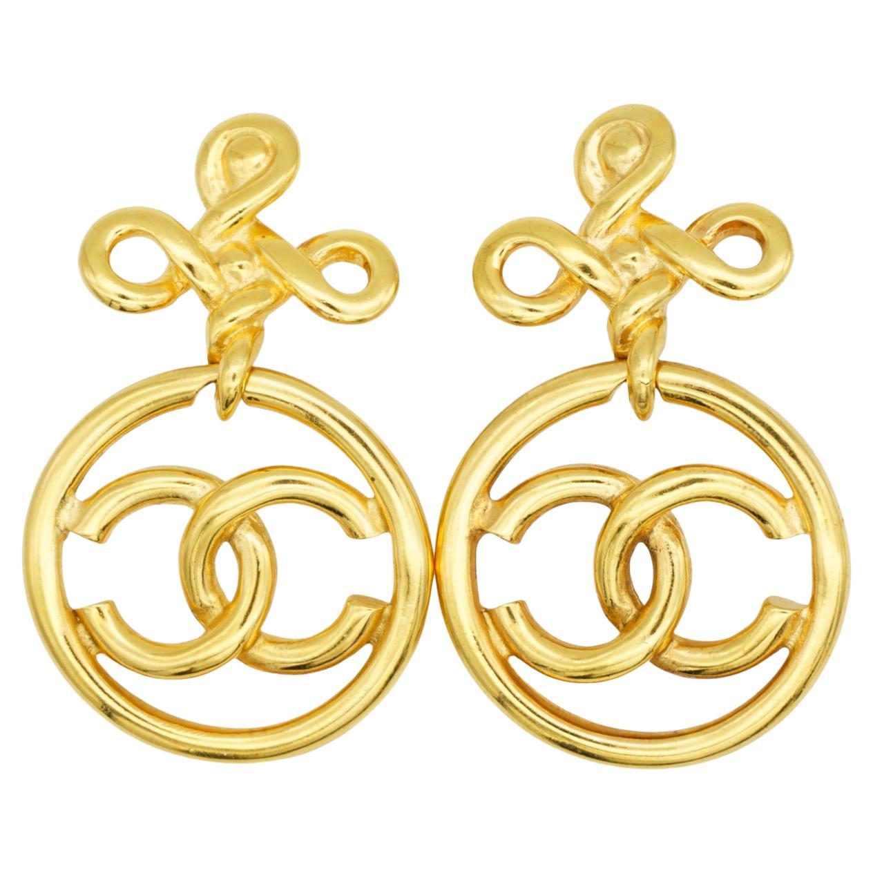 Chanel Vintage 1970s Large Logo Circle Coco CC Cross Knot Hoop Drop Earrings
