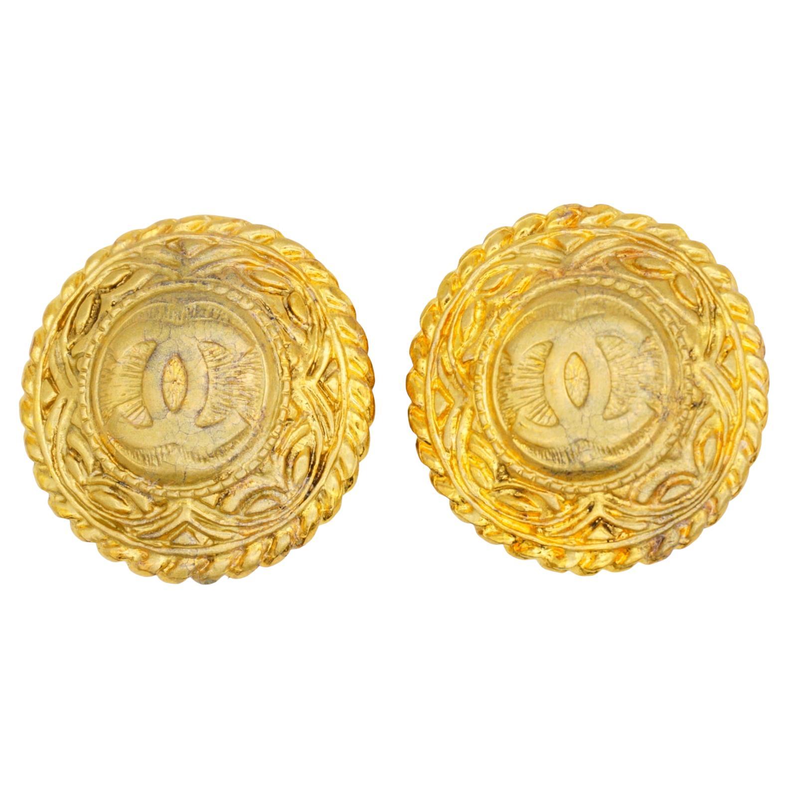 Chanel Vintage 1970s Large Textured Gold Logo CC Coco Medallion Circle Earrings For Sale