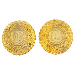 Chanel Vintage 1970s Large Textured Gold Logo CC Coco Medallion Circle Earrings