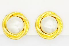 Chanel Vintage 1970s Large White Round Pearl Coco Spiral Twist Clip Earrings
