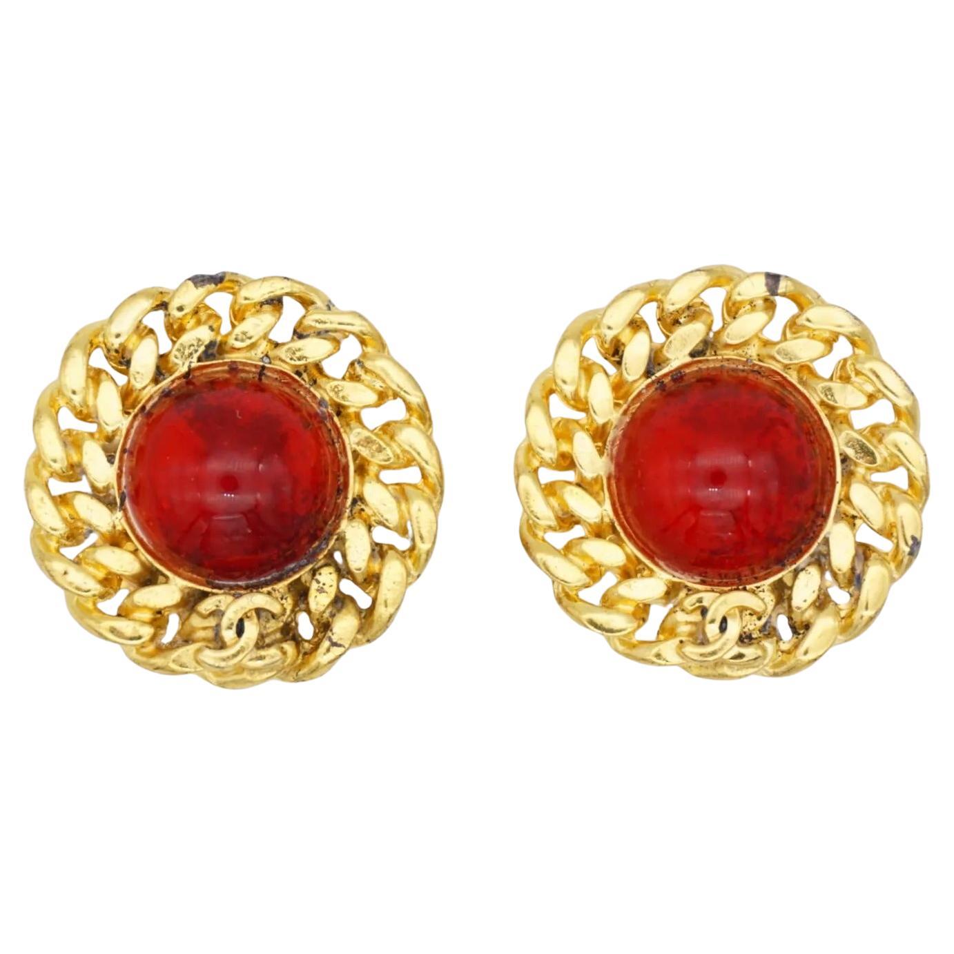 Chanel Vintage 1970s Logo CC Gripoix Ruby Cabochon Braid Openwork Clip Earrings