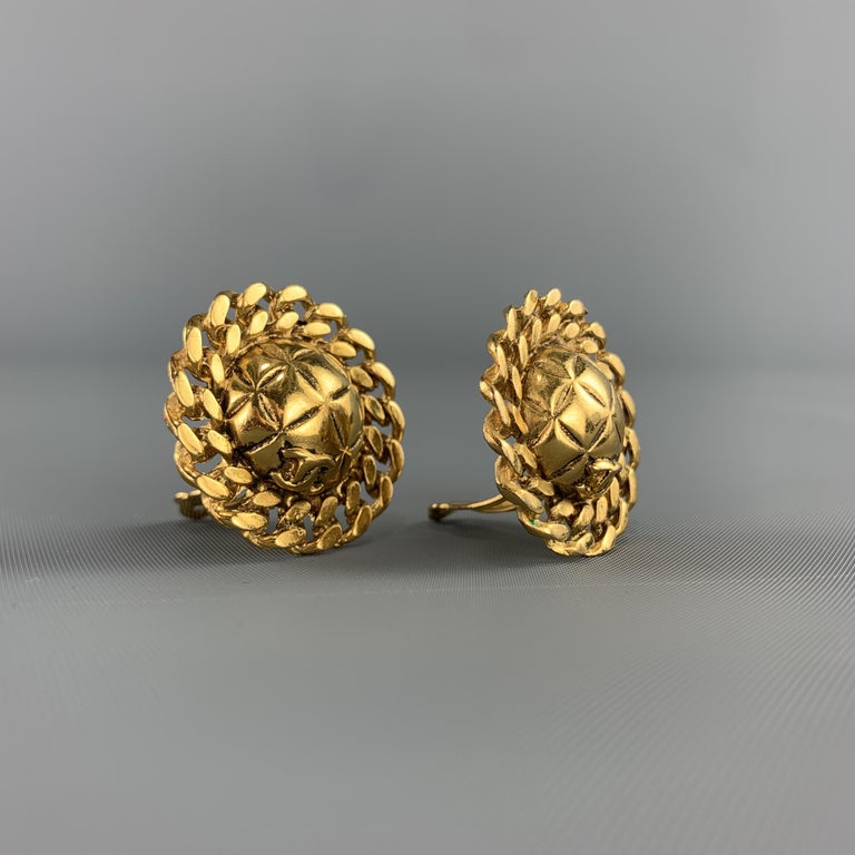CHANEL Vintage 1970s Quilted Gold Metal Chain Trim CC Earrings at 1stDibs