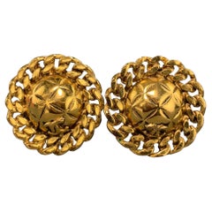 CHANEL Vintage 1970s Quilted Gold Metal Chain Trim CC Earrings
