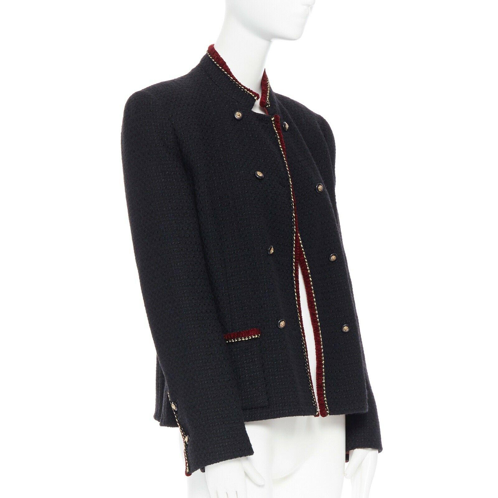 CHANEL Vintage 1970's red gold black tweed lion button double breasted jacket L
Brand: CHANEL
Designer: Karl Lagerfeld
Collection: Circa 1970s, after the passing of Mademoiselle Chanel and before the enthronement of Karl Lagerfeld, the House of
