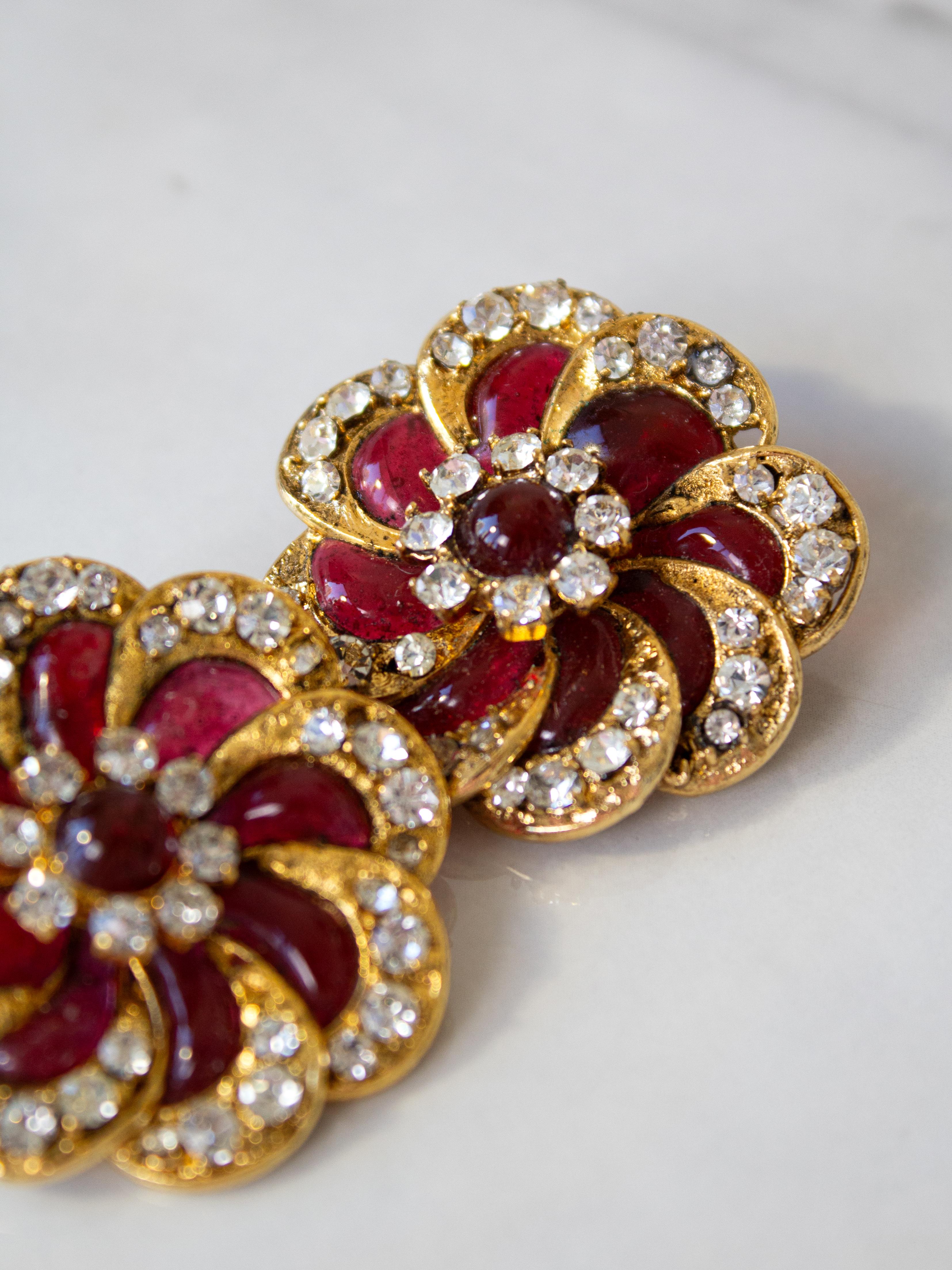 Chanel Vintage 1970s Red Gold Gripoix Crystal Flower Camellia Clip On Earrings For Sale 1