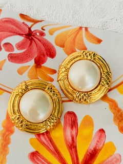Chanel Vintage 1970s Textured Large White Round Pearl Rope Gold Quilted Earrings
