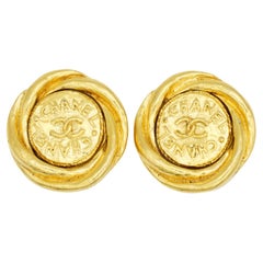 Chanel Vintage 1980s Double Logo CC Coco Spiral Twist Circle Coin Clip Earrings