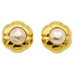 Chanel Vintage 1980s Extra Large Camélia Flower White Pearl Coco Clip Earrings