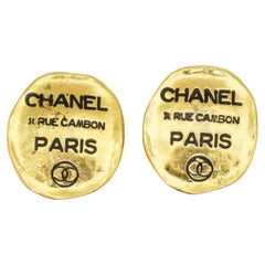 Chanel Vintage 1980s Gold Black Logo CC 31 Rue Cambon Paris Large Oval Earrings