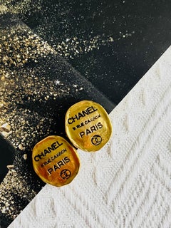 Chanel Vintage 1980s Gold Black Logo CC 31 Rue Cambon Paris Large Oval Earrings