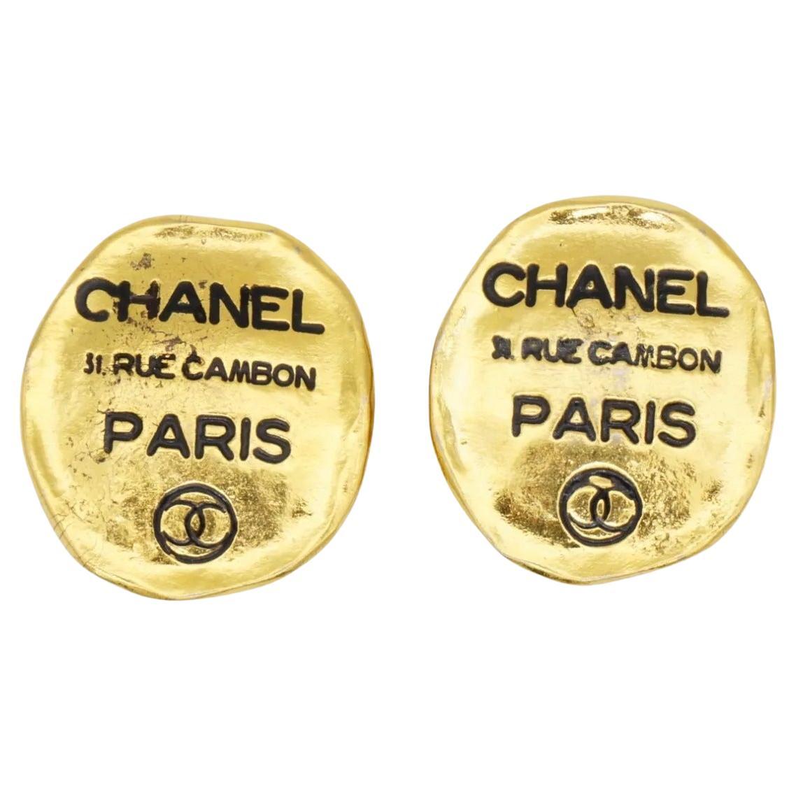 Chanel Vintage 1980s Gold Black Logo CC 31 Rue Cambon Paris Large Oval Earrings