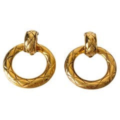 Chanel Retro 1980s Gold Plated Door Knocker Quilted Hoop Clip On Earrings