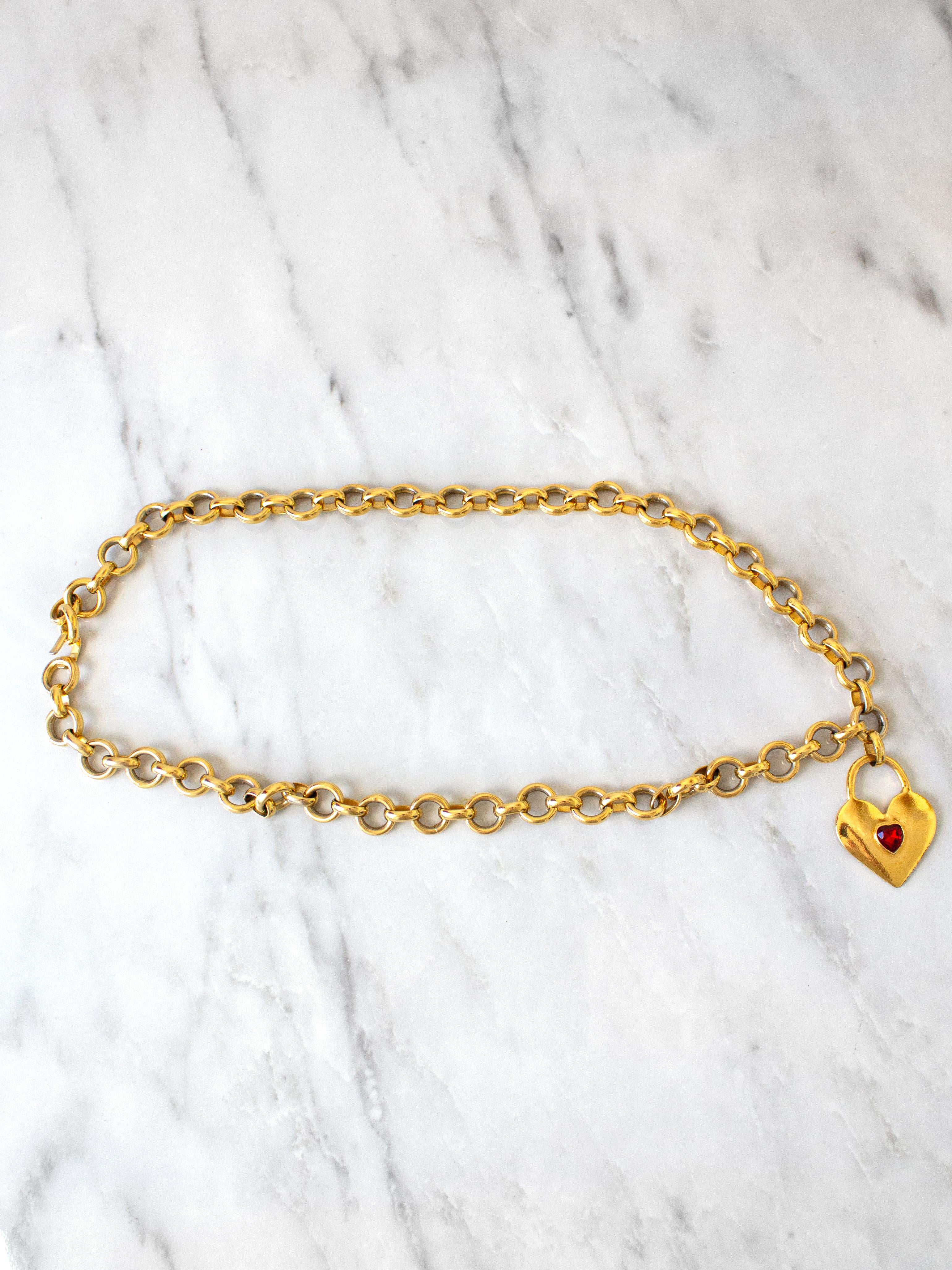 Chanel Vintage 1980s Gold Red Crystal Heart Padlock Chain Necklace Belt 2