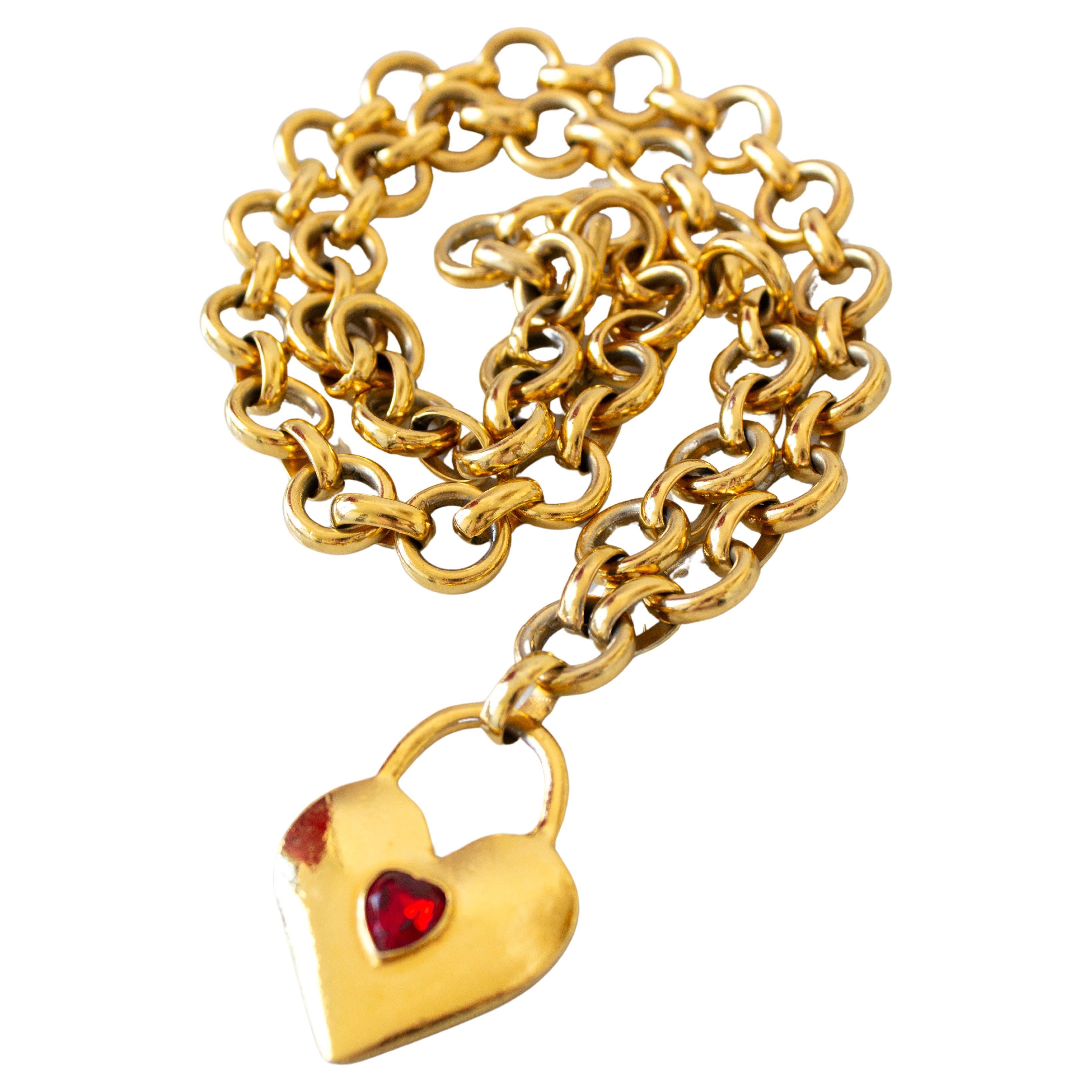 Chanel Vintage 1980s Gold Red Crystal Heart Padlock Chain Necklace Belt