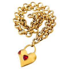 Chanel Vintage 1980s Gold Red Crystal Heart Padlock Chain Necklace Belt