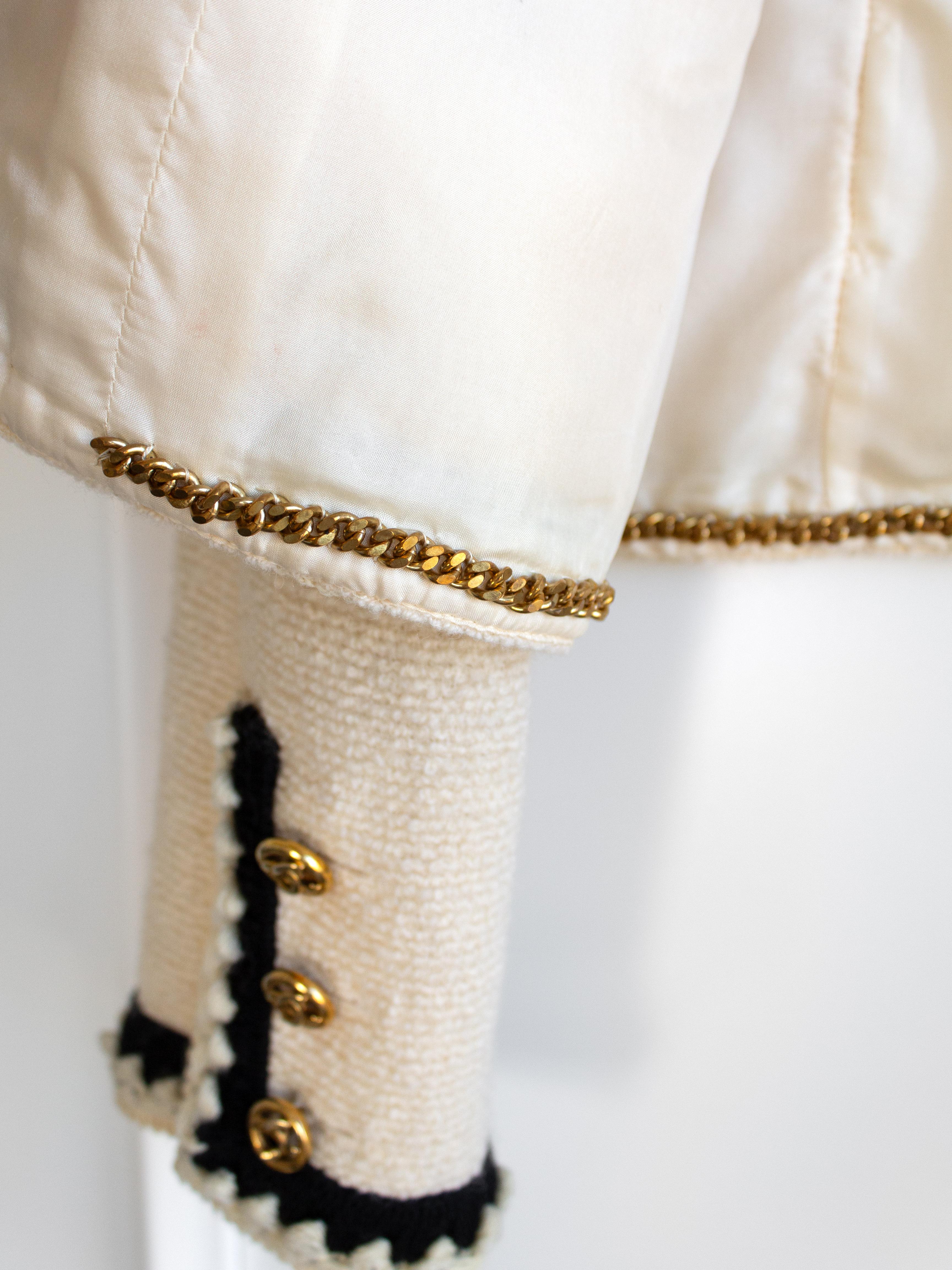 Chanel Vintage 1980s Ivory Cream Ecru Black Gold CC Tweed Jacket Skirt Suit 6