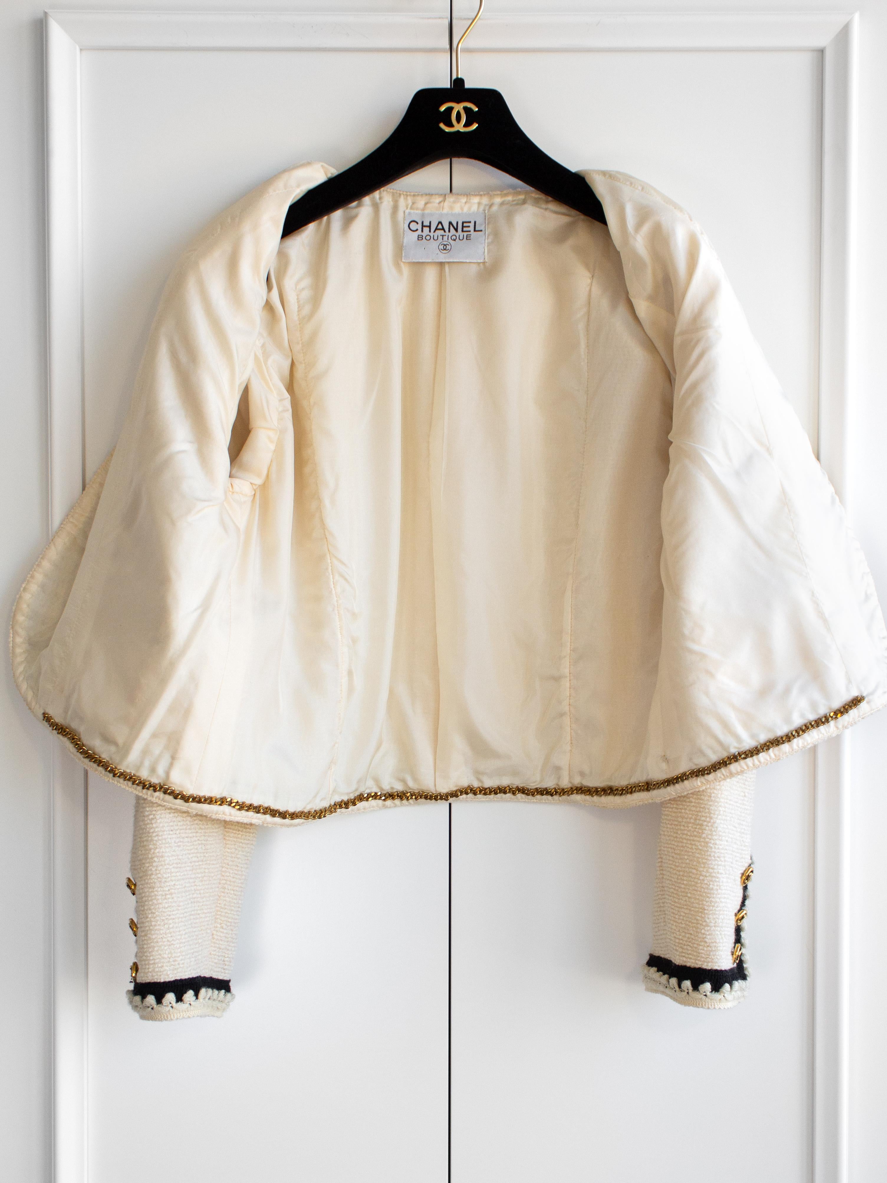 Chanel Vintage 1980s Ivory Cream Ecru Black Gold CC Tweed Jacket Skirt Suit 5