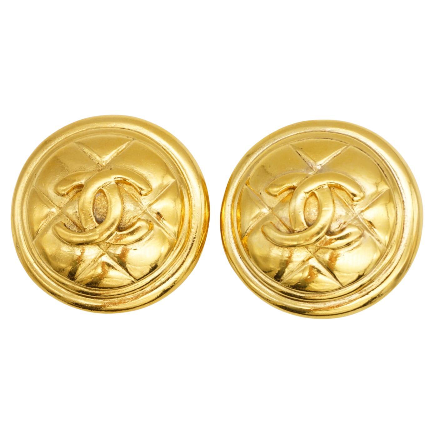 Chanel Vintage 1980s Large Logo CC Coco Matelassé Quilted Medallion Earrings