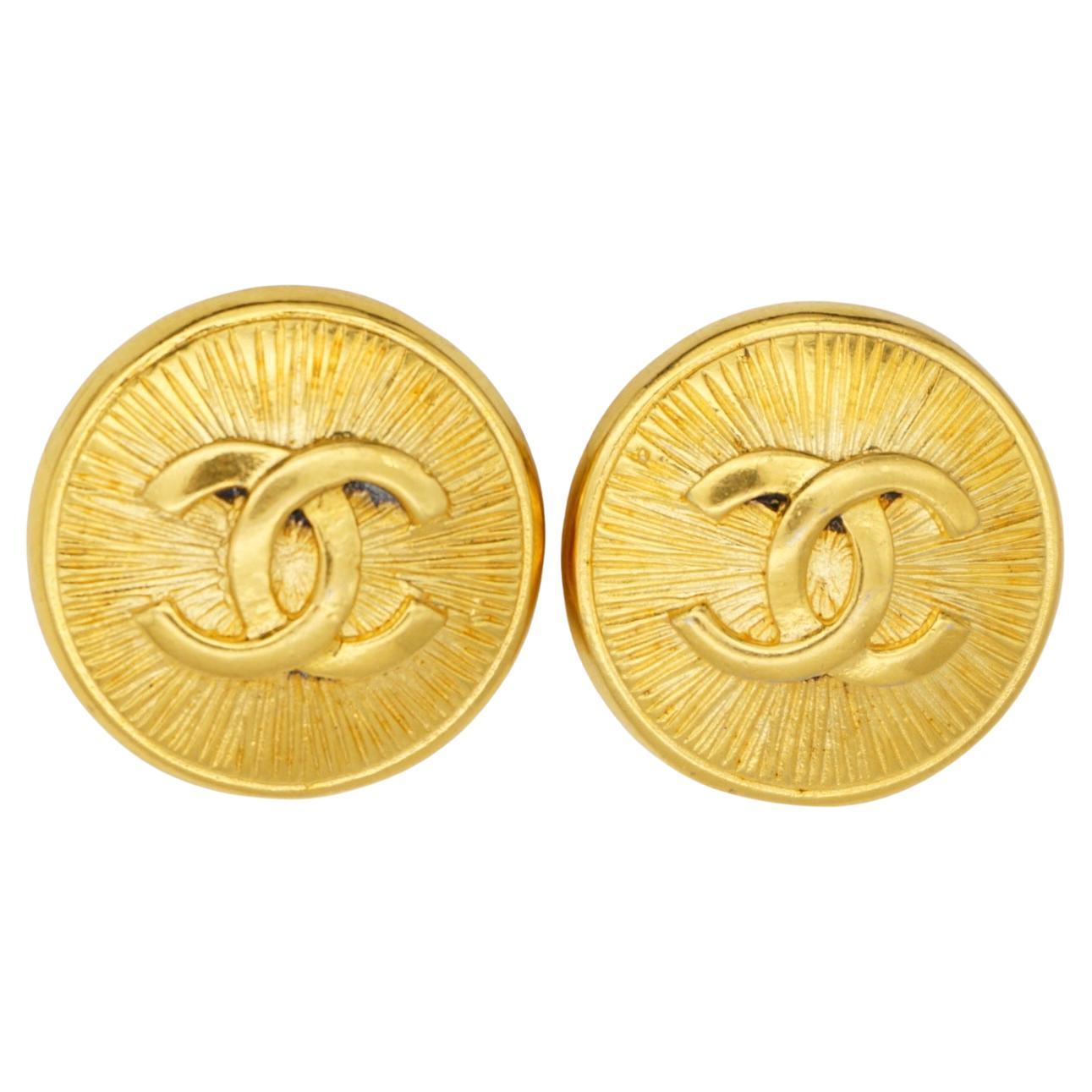 Chanel Vintage 1980s Large Logo CC Coco Textured Radial Circle Round Earrings