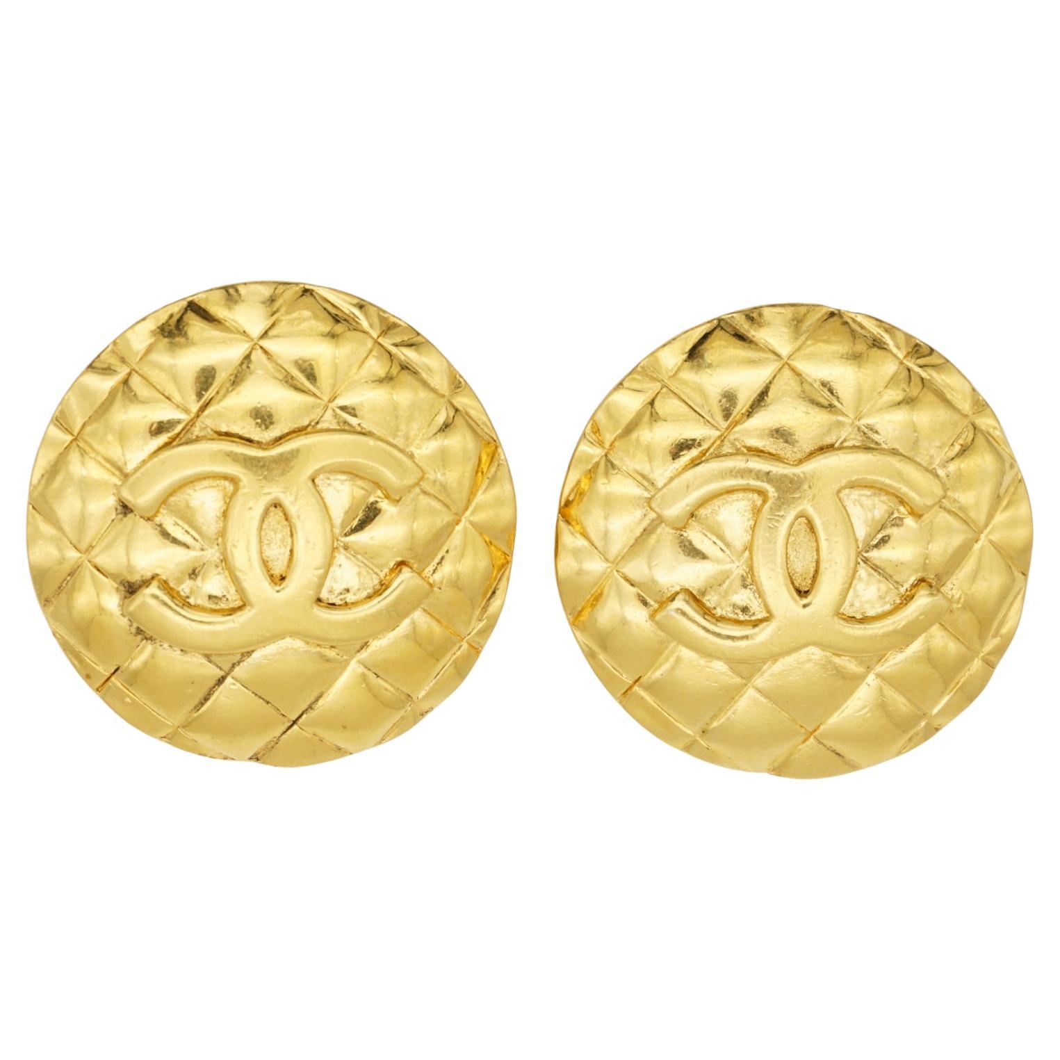 Chanel Vintage 1960s Large Quilted CC Coco Logo Matelassé Medallion Earrings For Sale