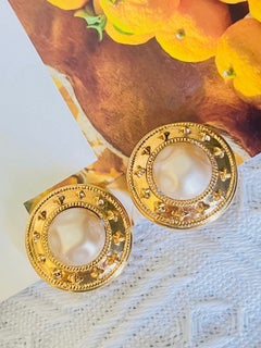 Chanel Vintage 1980s Large White Pearl Star Cross Round Circle Domed Earrings