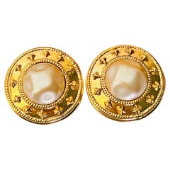 Chanel Vintage 1980s Large White Pearl Star Cross Round Circle Domed Earrings
