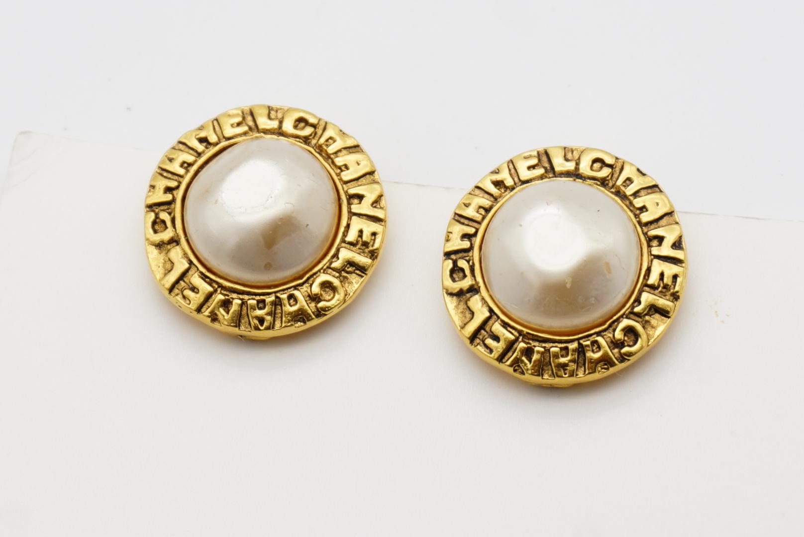 Chanel Vintage 1980s Logo CC Coco Engraved White Pearl Circle Gold Clip Earrings For Sale 5