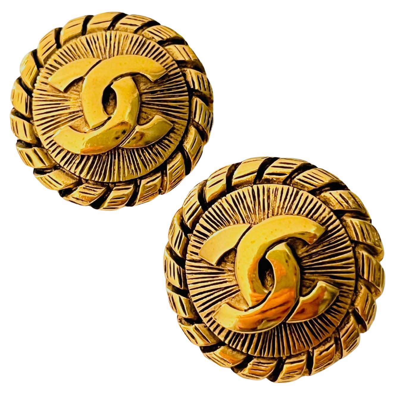 Chanel Vintage 1980s Textured Large Logo CC Coco Sunburst Spiral Round Earrings