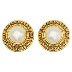 Chanel Vintage 1980s Textured Large White Round Pearl Leaf Relief Lace Earrings