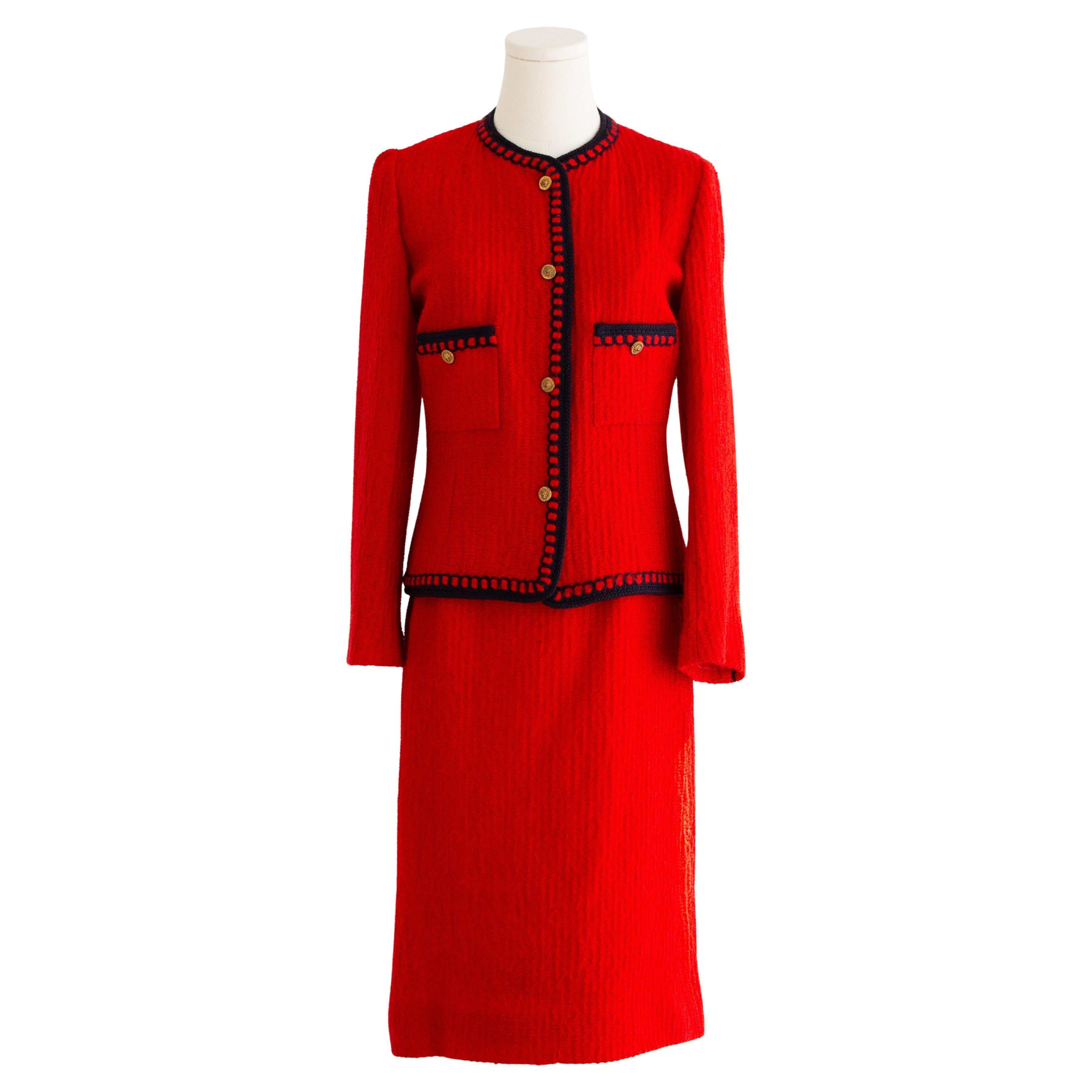 Chanel Vintage 1981 Parisian Red Gold Lion Tweed Jacket Skirt Suit