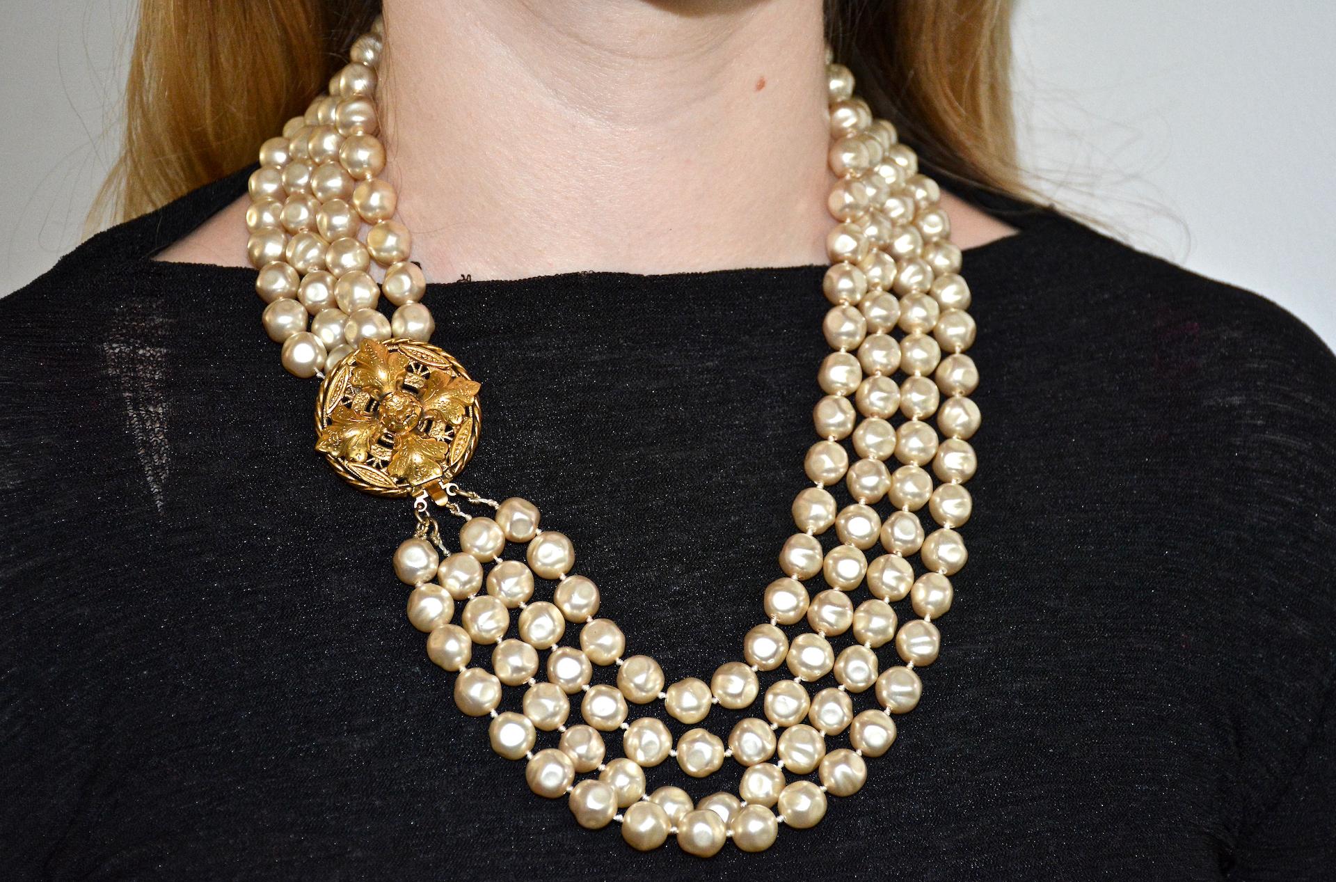 Round Cut Chanel Vintage 1983 Four-Strand Baroque Pearl Necklace, Ornate Medallion Clasp For Sale