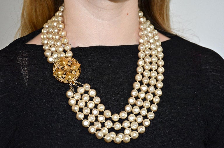 Chanel Vintage 1983 Four-Strand Baroque Pearl Necklace, Ornate Medallion  Clasp