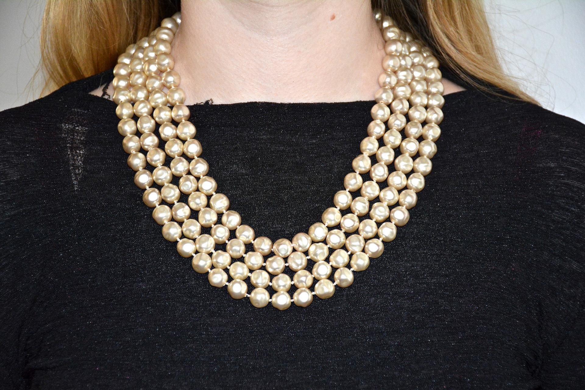 Chanel Vintage 1983 Four-Strand Baroque Pearl Necklace, Ornate Medallion Clasp In Good Condition For Sale In Los Angeles, CA