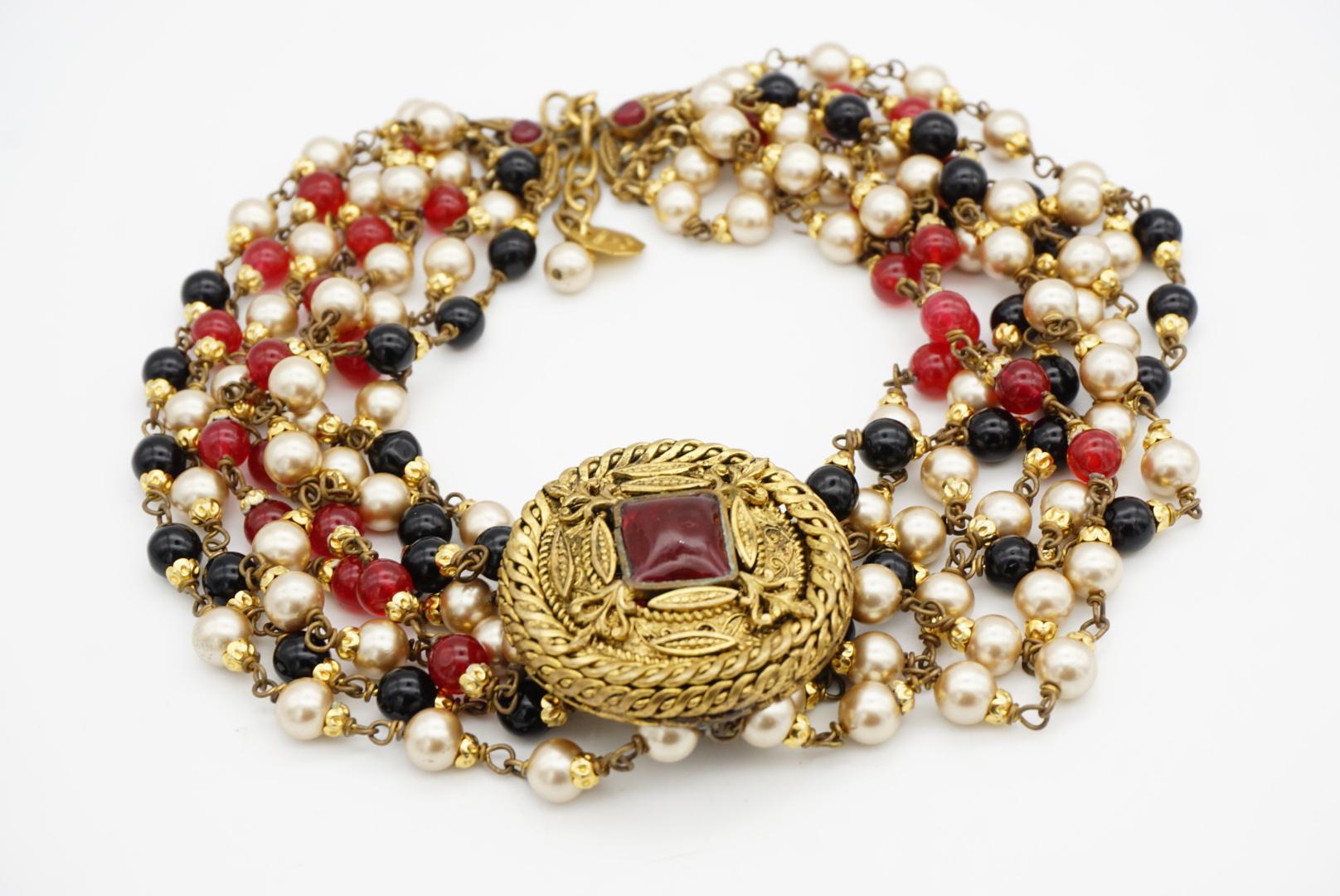 Chanel Vintage 1984 Gripoix Baroque Rubis Perles Onyx Brins Collier ras du cou en vente 7