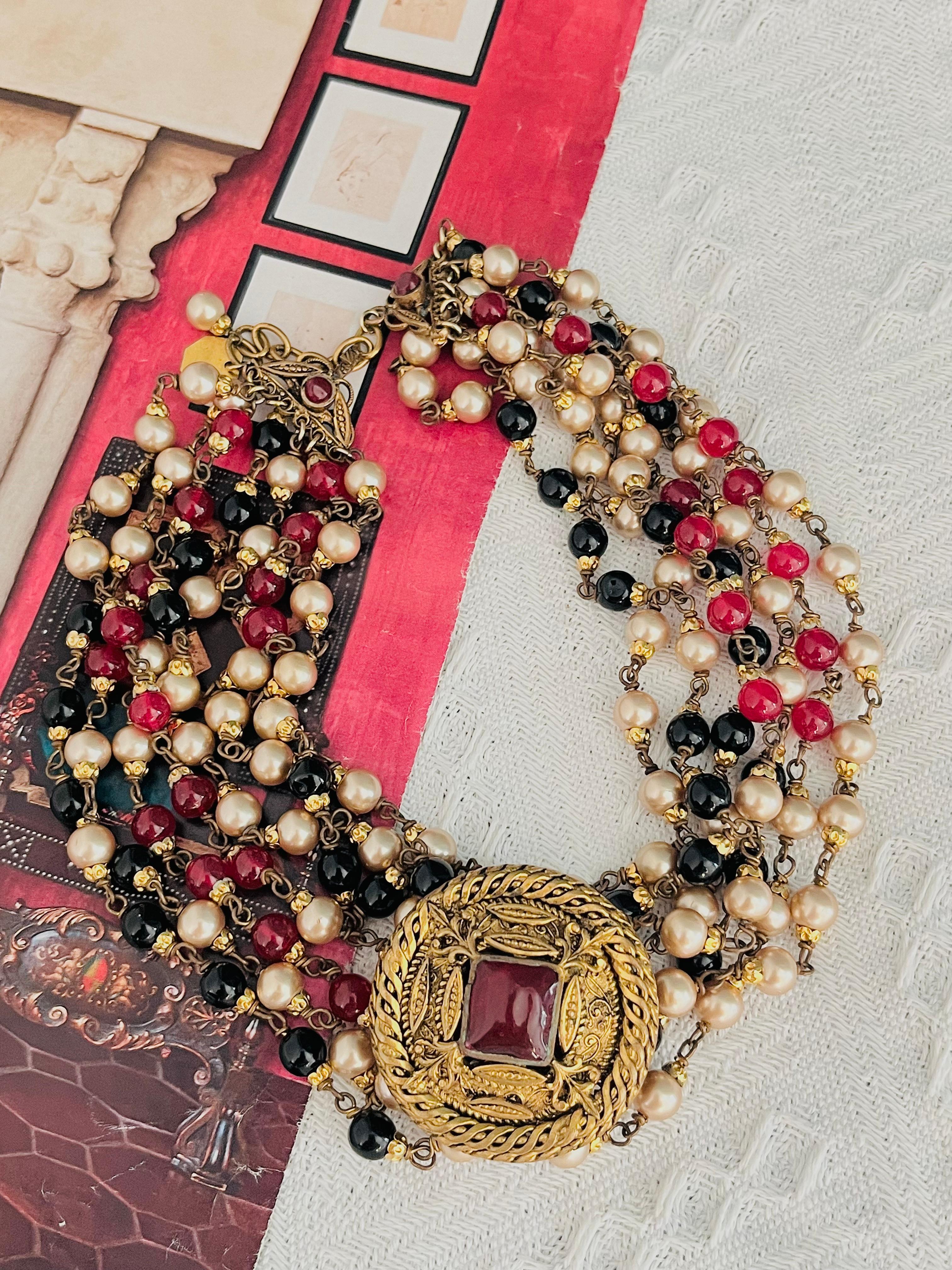Art déco Chanel Vintage 1984 Gripoix Baroque Rubis Perles Onyx Brins Collier ras du cou en vente