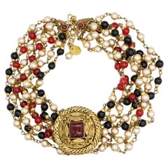 Chanel Vintage 1984 Gripoix Baroque Ruby Pearls Onyx Strands Choker Necklace