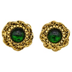 CHANEL Vintage 1984 Gripoix Emerald Cabochon Woven Braid Circle Clip Earrings