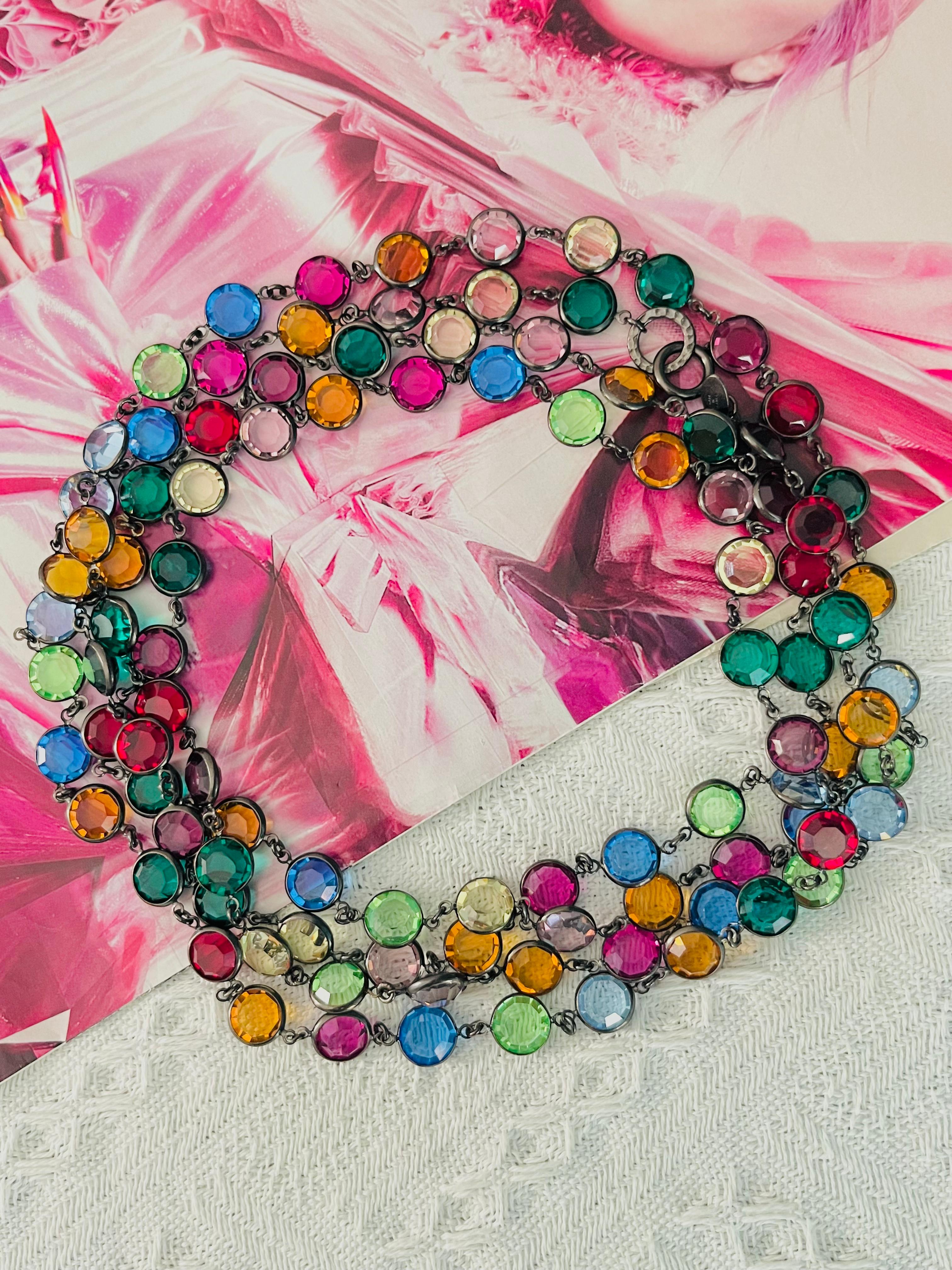 Chanel Vintage 1984 Iconic Classic Gripoix Long Ruby Emerald Sapphire Red Green Blue Navy Yellow Purple Pink Multi Colour Crystals Circle Round Crystals Bezel Sautoir Charms Layer Strands Elegant Modernist Choker Collar Belt Bracelet, Gunmetal