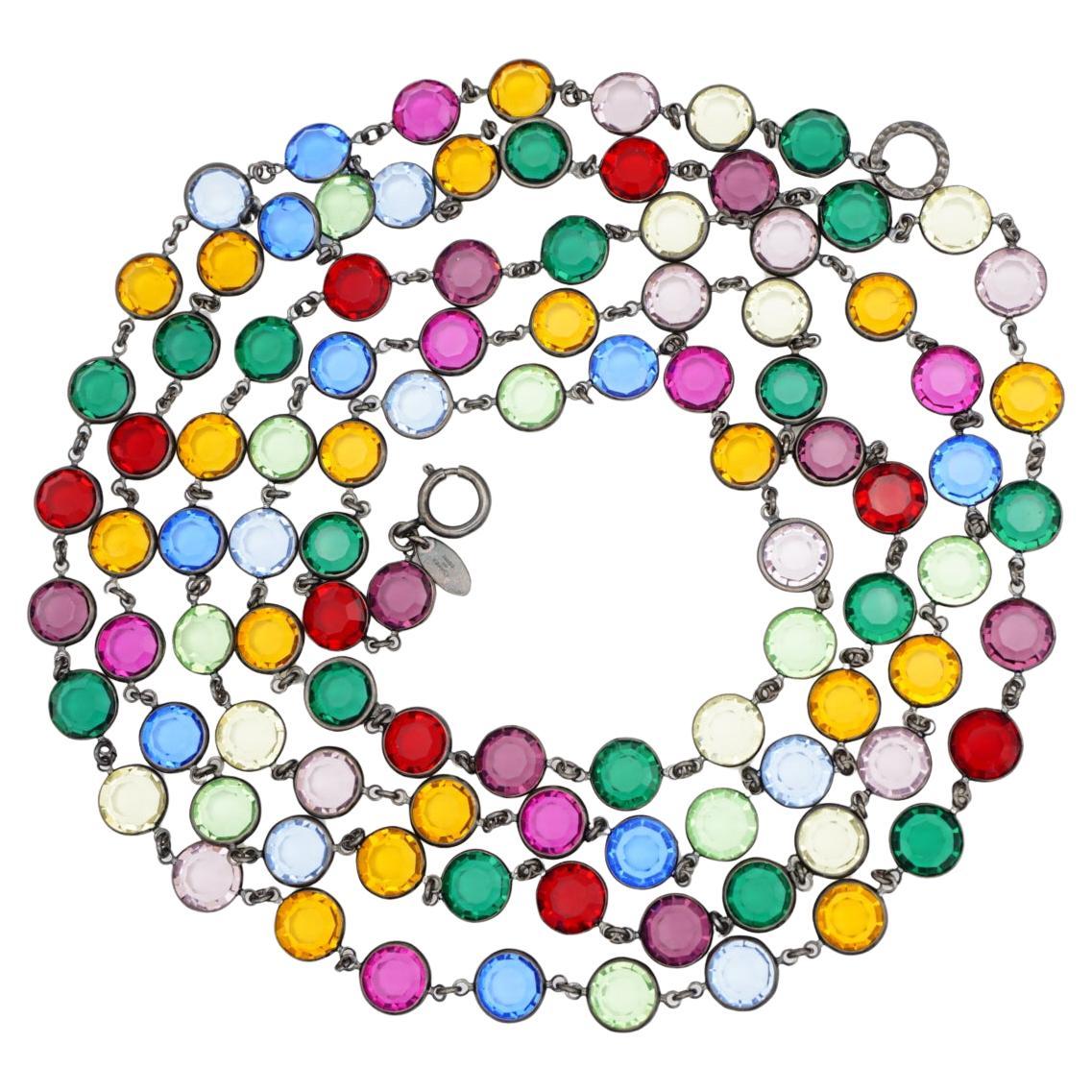 Chanel Vintage 1984 Long Ruby Emerald Sapphire Crystals Bezel Sautoir Necklace