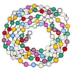 Chanel Vintage 1984 Long Ruby Emerald Sapphire Crystals Bezel Sautoir Necklace