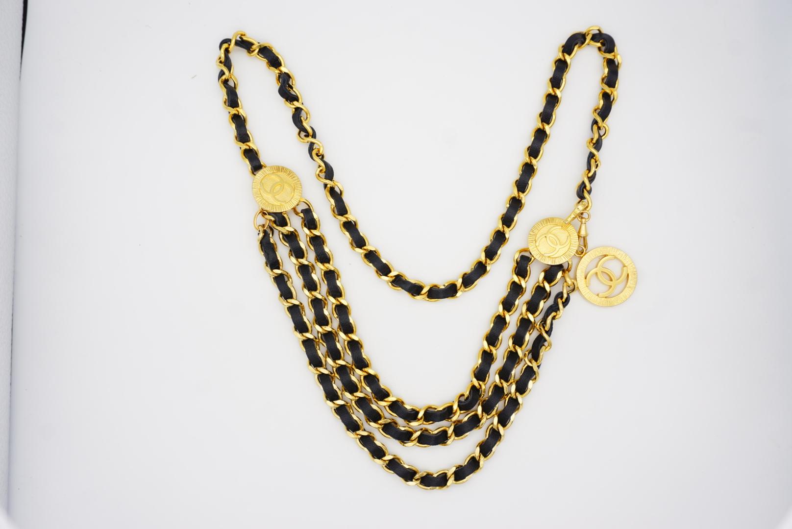Chanel Vintage 1984 Medallion CC Logo Black Leather triple Strand Necklace Belt 6
