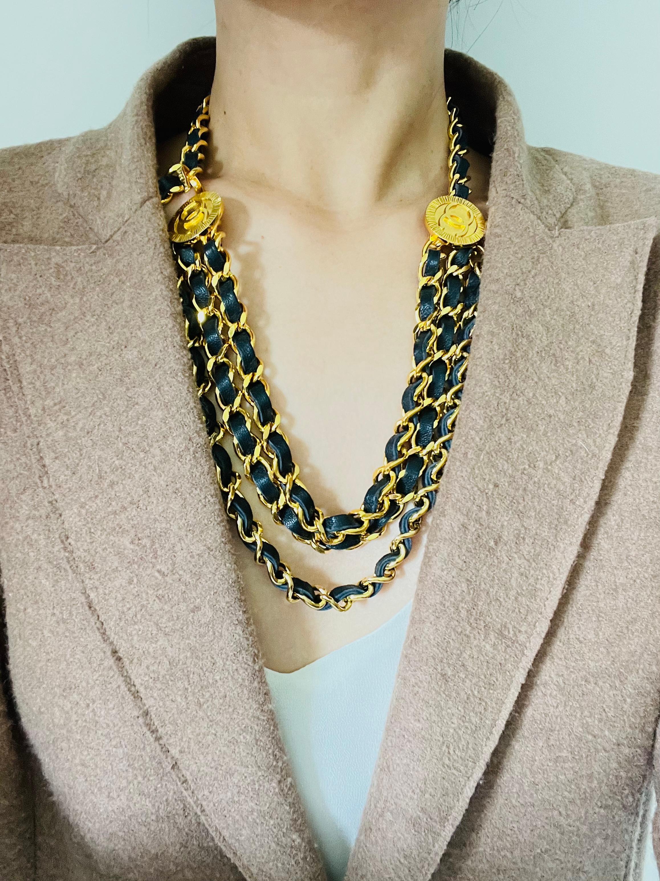 Chanel Vintage 1984 Medallion CC Logo Black Leather triple Strand Necklace Belt For Sale 6