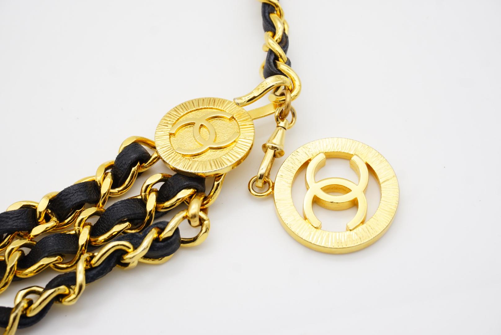 Chanel Vintage 1984 Medallion CC Logo Black Leather triple Strand Necklace Belt For Sale 7