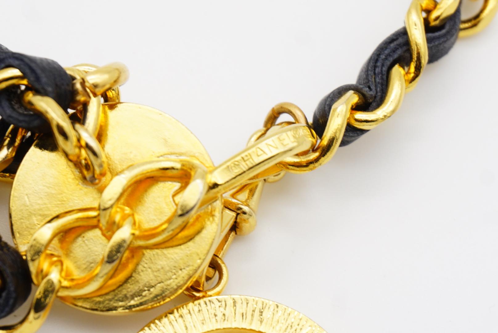 Chanel Vintage 1984 Medallion CC Logo Black Leather triple Strand Necklace Belt 8